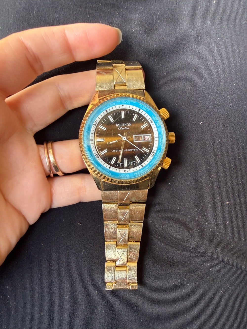 Aseikon Electro Gold-Tone Watch with Blue Accent